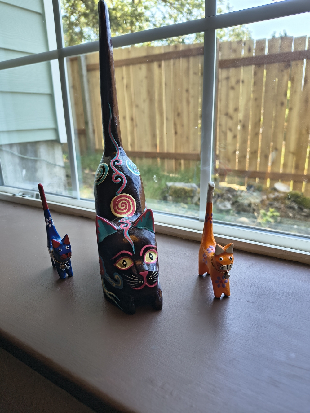 Hand-Painted Folk Art Wooden Cat Figurines - Black, Blue & Orange - Ring Holders